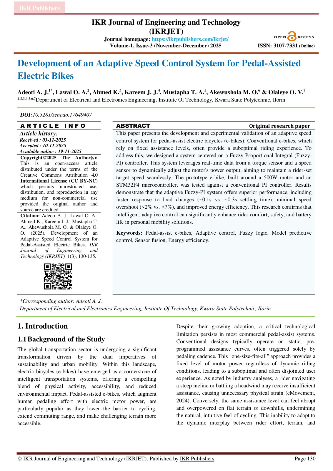 First page of Development of an Adaptive Speed Control