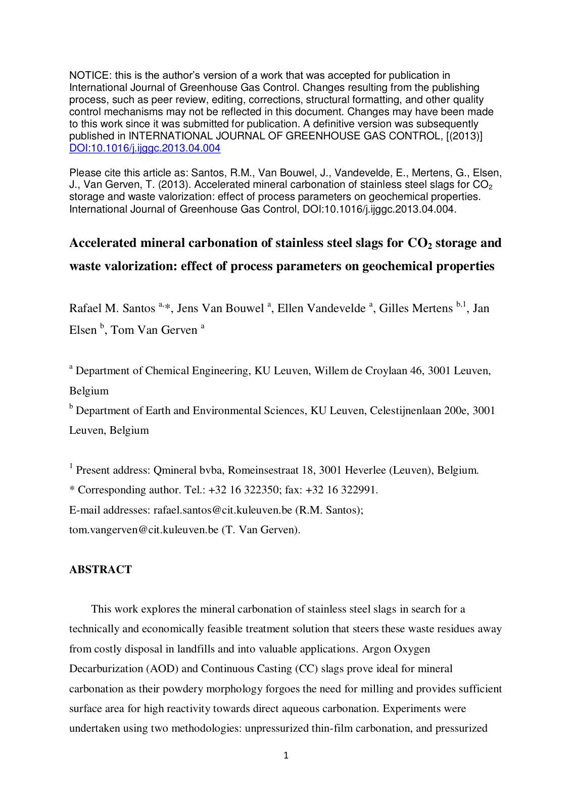 First page of Accelerated mineral carbonation of stain