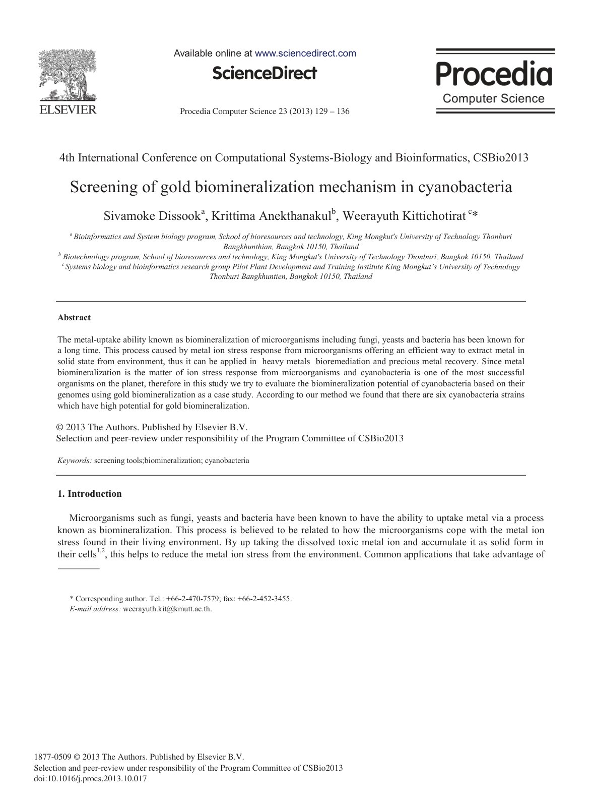 First page of Screening of Gold Biomineralization Mech