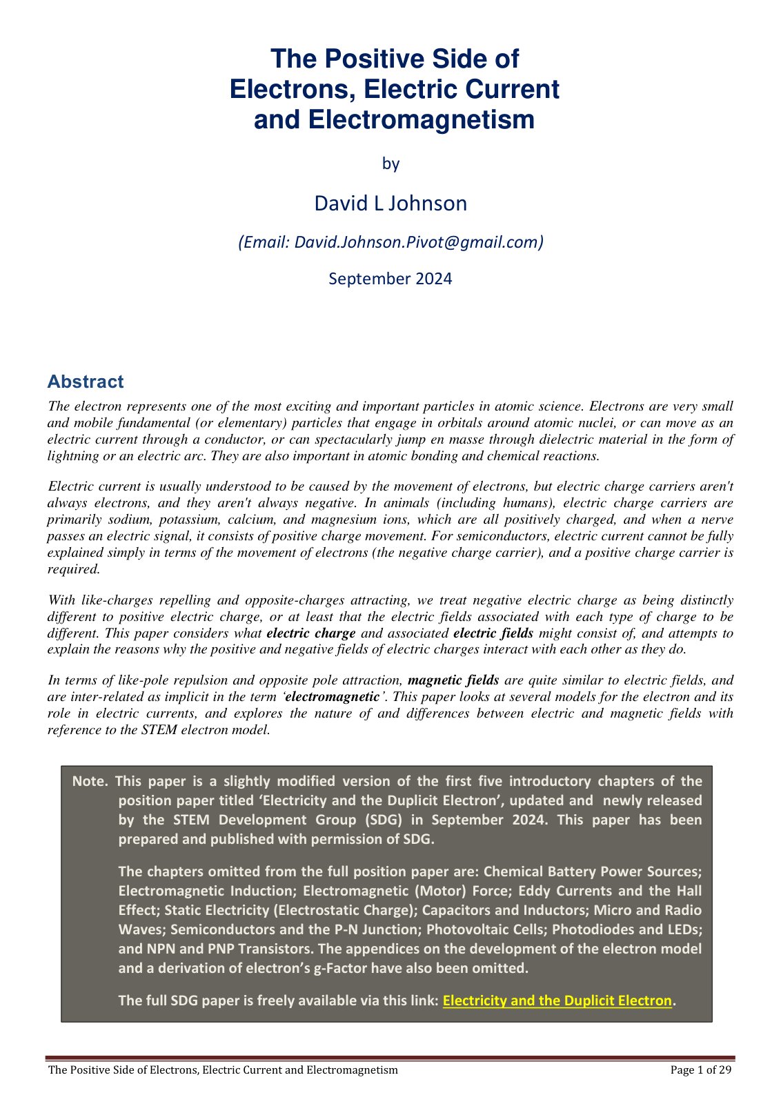 First page of The Positive Side of Electrons, Electric Current and Electromagnetism