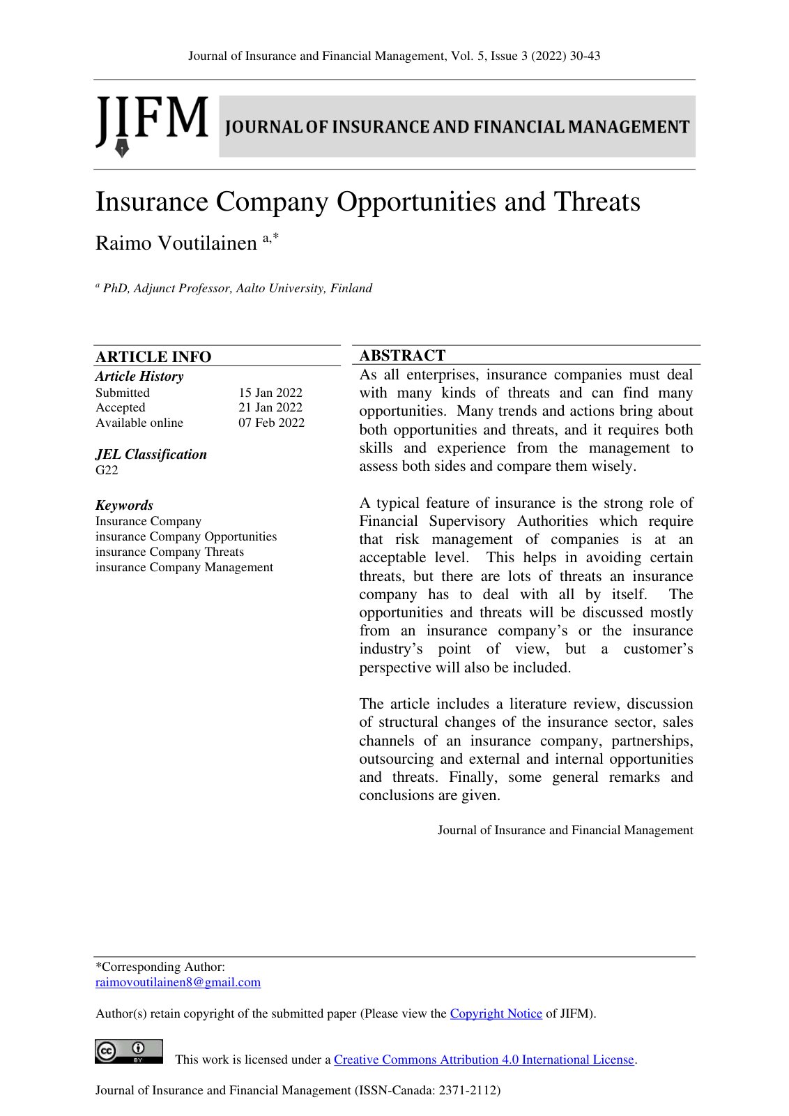 First page of Insurance Company Opportunities and Thre