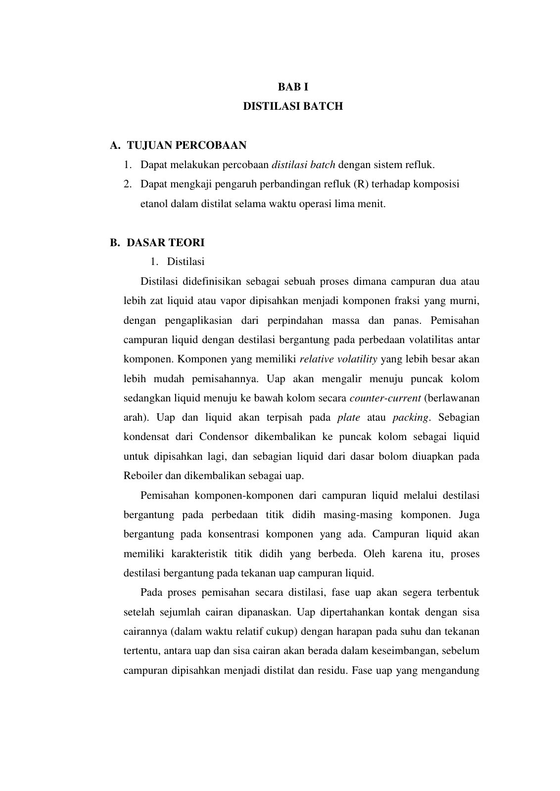 First page of Laporan Praktikum Distilasi Batch