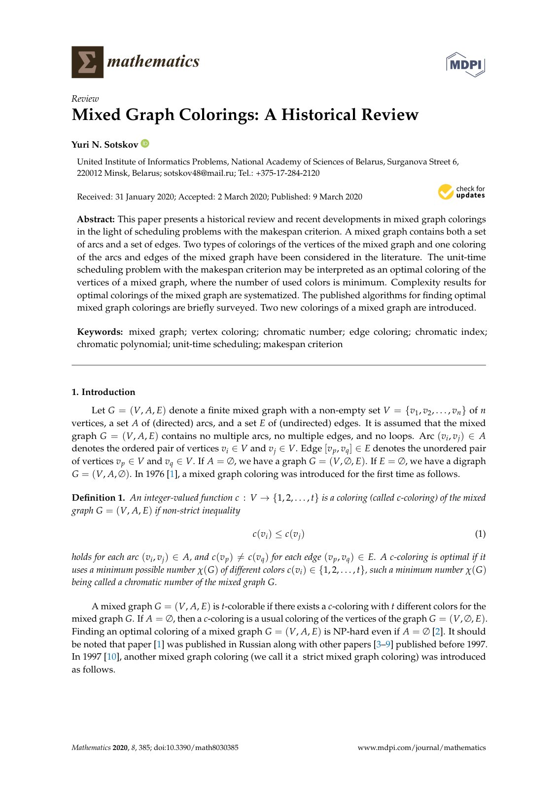 First page of Mixed Graph Colorings: A Historical Review