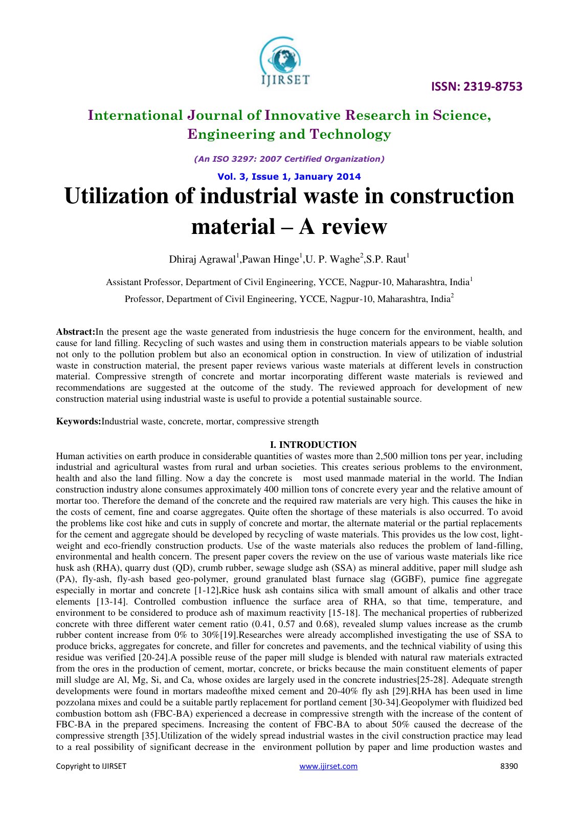 First page of Utilization of industrial waste in const