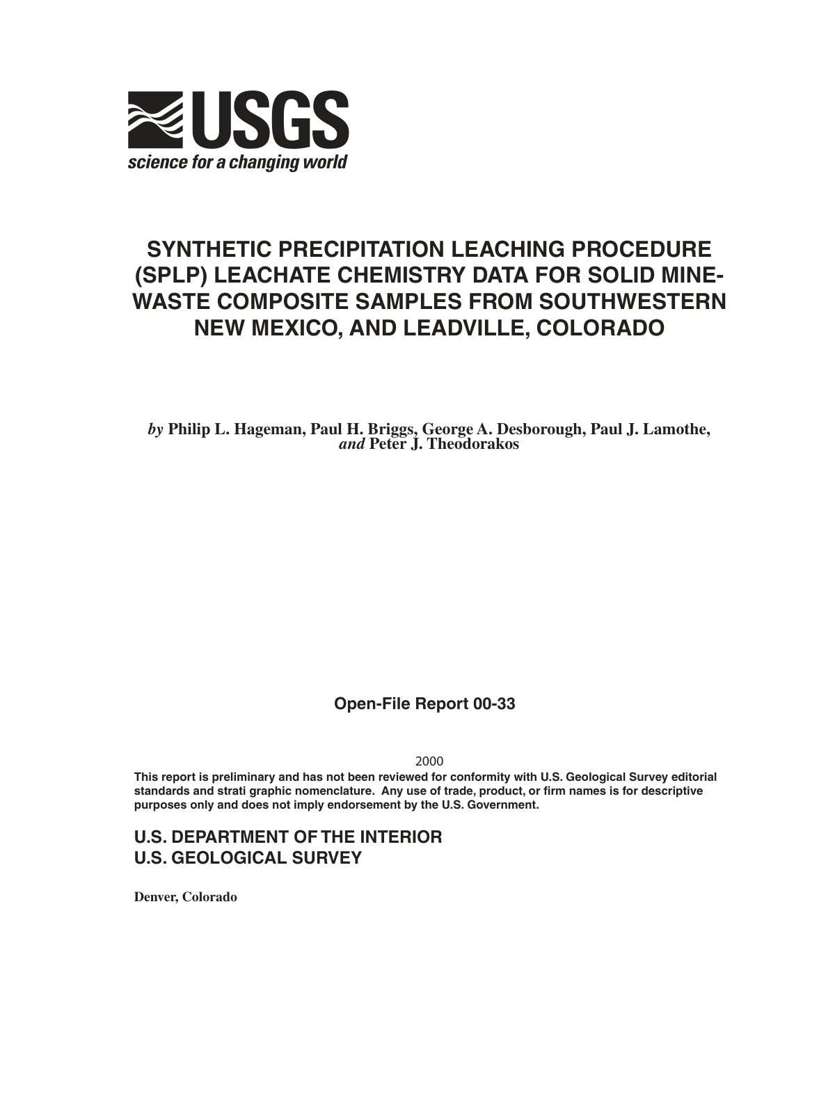 First page of SYNTHETIC PRECIPITATION LEACHING PROCEDURE (SPLP) LEACHATE CHEMISTRY DATA FOR SOLID MINE-WASTE COMPOSITE SAMPLES FROM SOUTHWESTERN NEW MEXICO, AND LEADVILLE, COLORADO