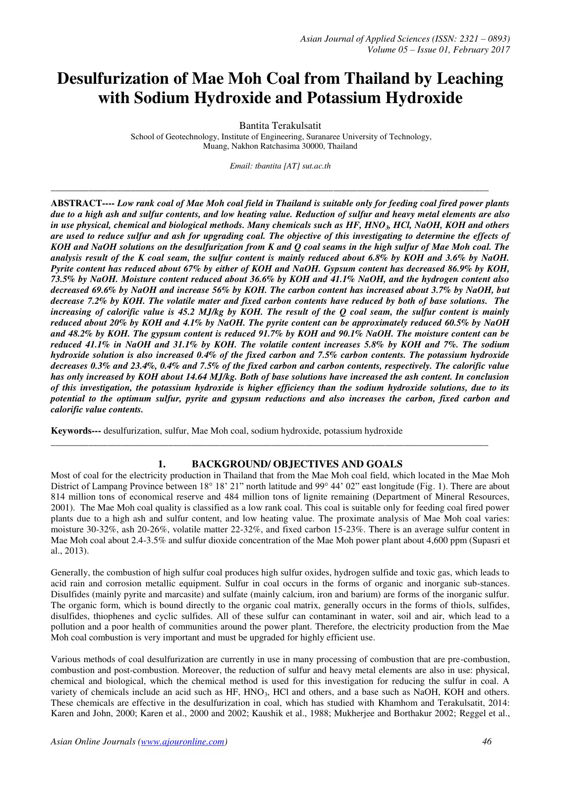 First page of Desulfurization of Mae Moh Coal from Tha