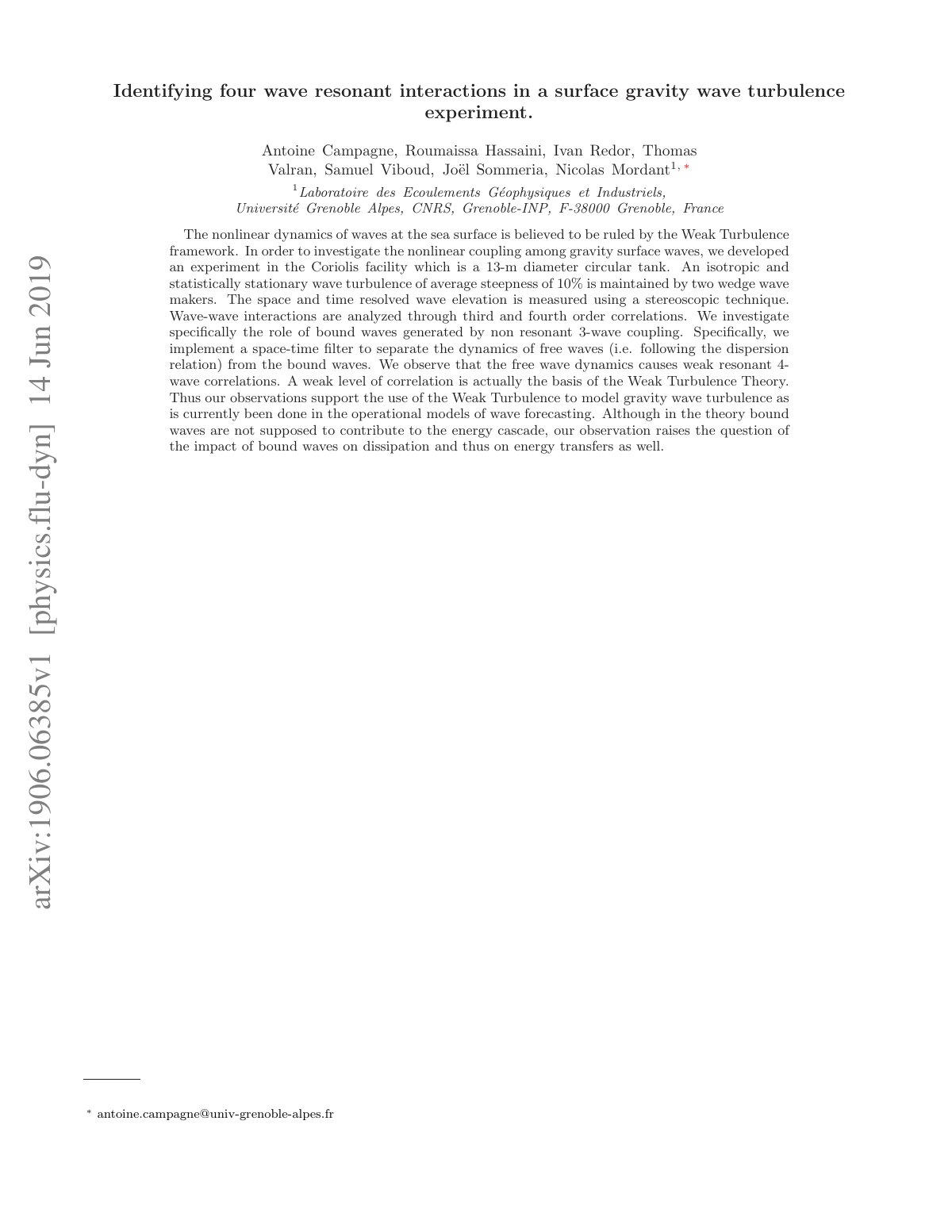 First page of Identifying four wave resonant interactions in a surface gravity wave turbulence experiment.