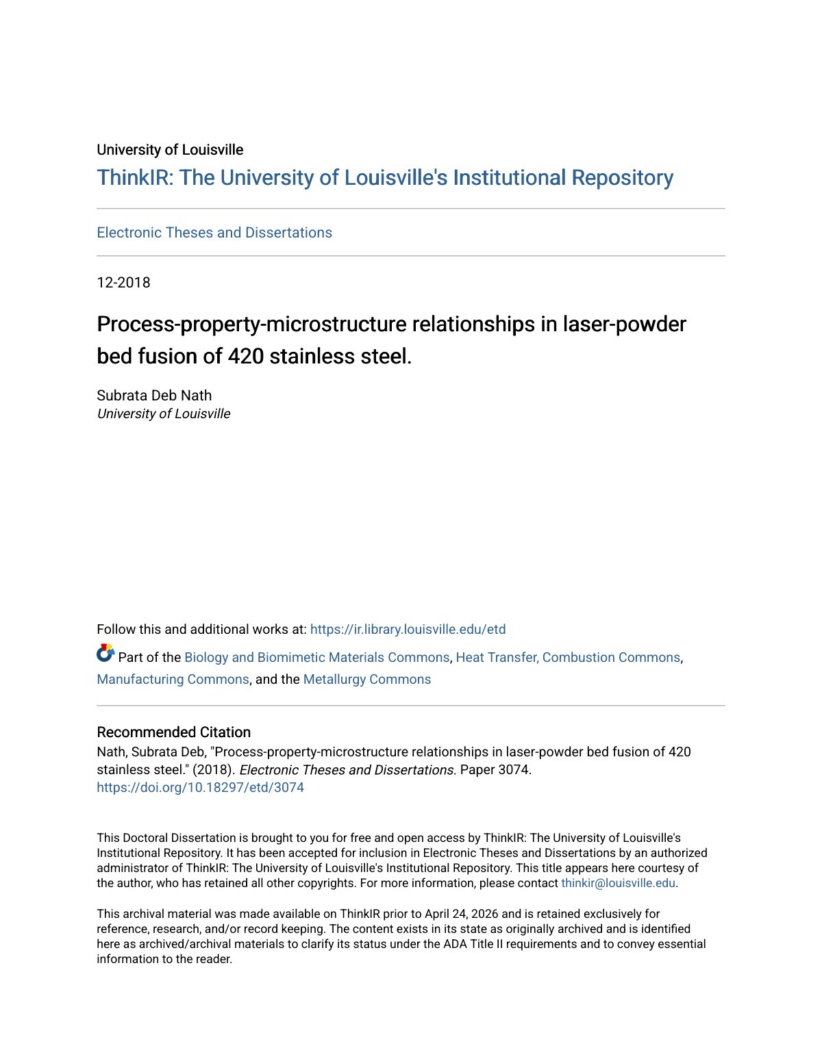 First page of Process-property-microstructure relationships in laser-powder bed fusion of 420 stainless steel.