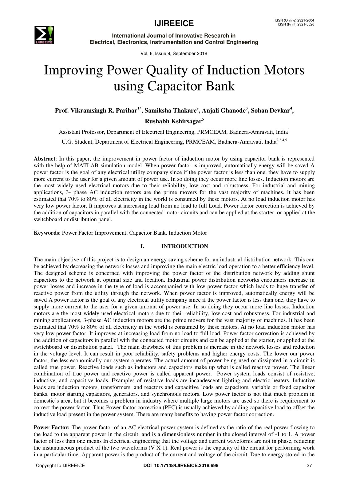 First page of Improving Power Quality of Induction Motors using Capacitor Bank