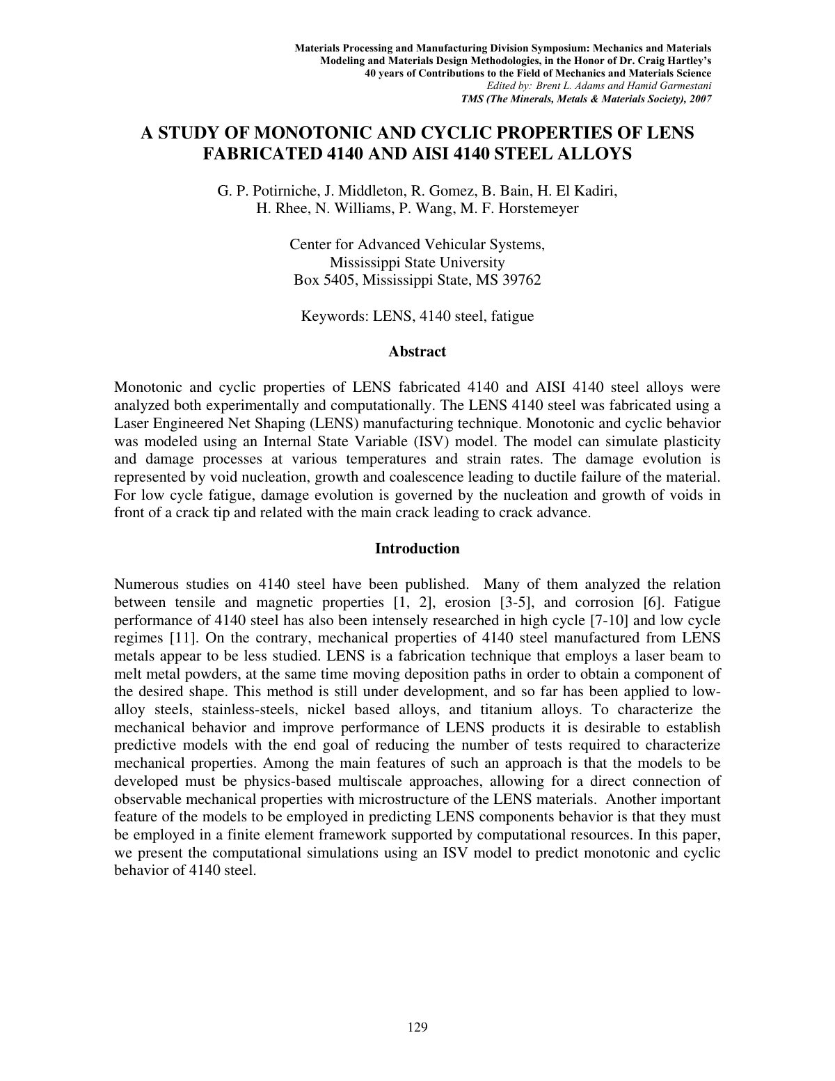 First page of A STUDY OF MONOTONIC AND CYCLIC PROPERTIES OF LENS FABRICATED 4140 AND AISI 4140 STEEL ALLOYS