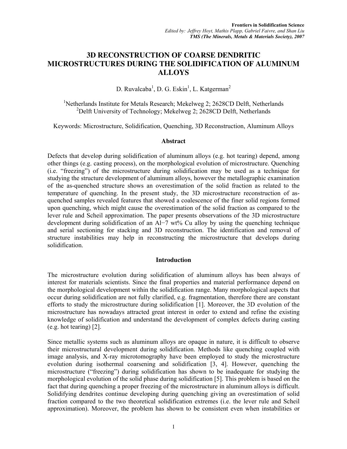 First page of 3D RECONSTRUCTION OF COARSE DENDRITIC MICROSTRUCTURES DURING THE SOLIDIFICATION OF ALUMINUM ALLOYS
