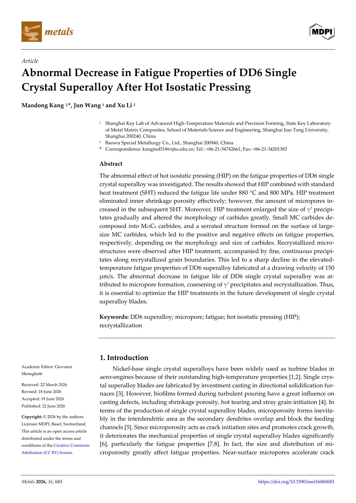 First page of 2026 Kang DD6 HIP Fatigue Microstructure