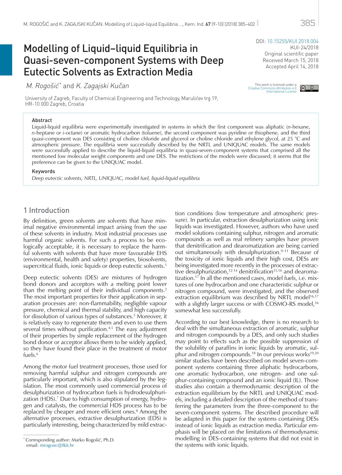First page of Modelling of Liquid liquid Equilibria in