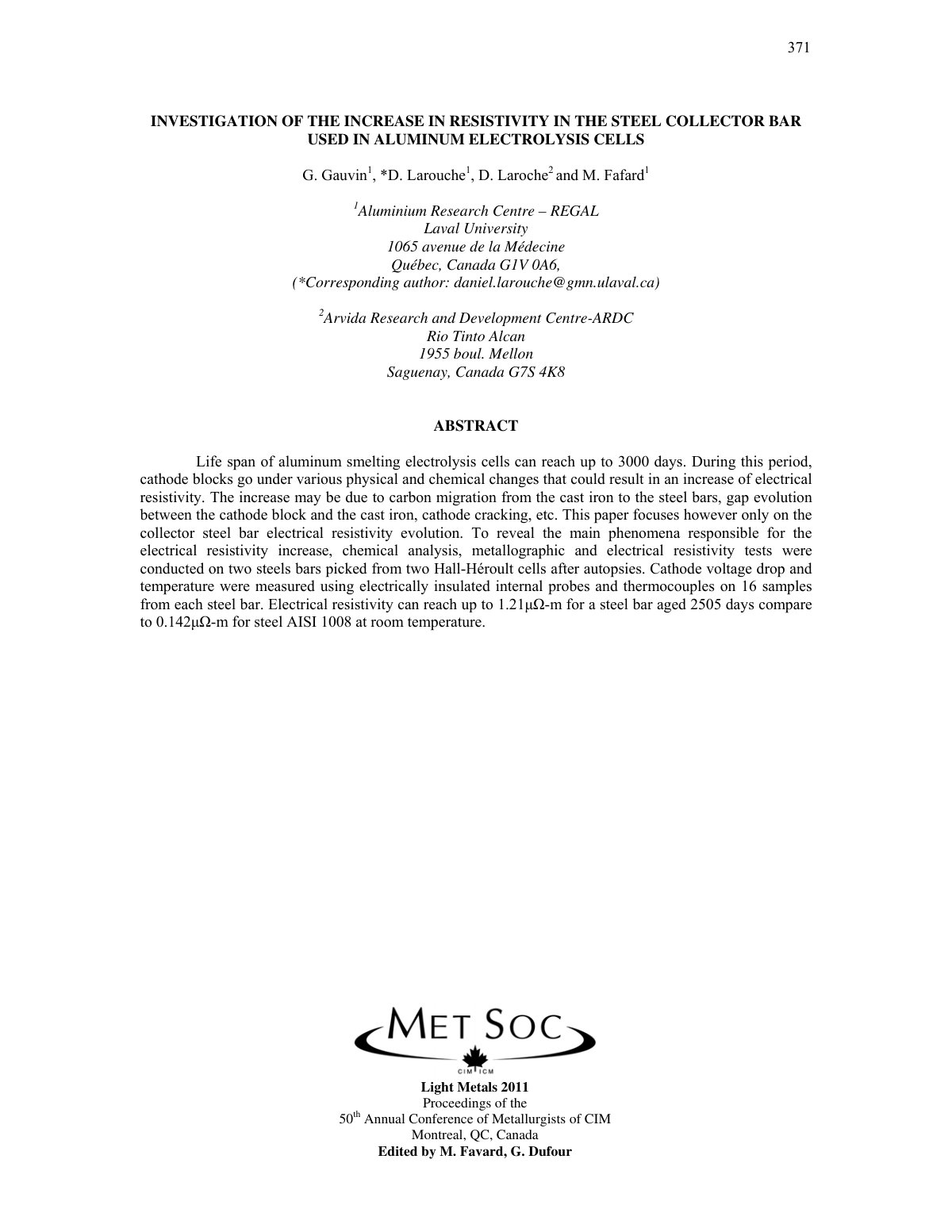 First page of INVESTIGATION OF THE INCREASE IN RESISTIVITY IN THE STEEL COLLECTOR BAR USED IN ALUMINUM ELECTROLYSIS CELLS