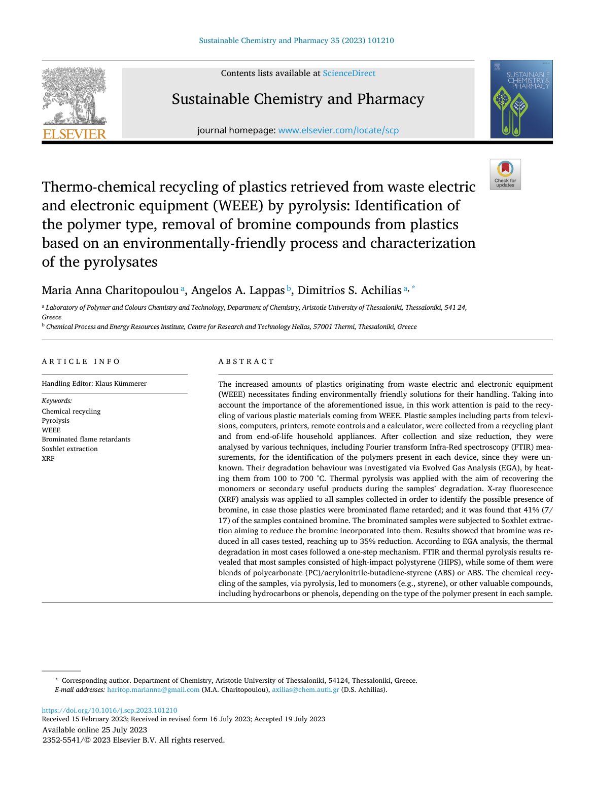 First page of Thermo chemical recycling of plastics retrieved from waste elec 2023 Sustain