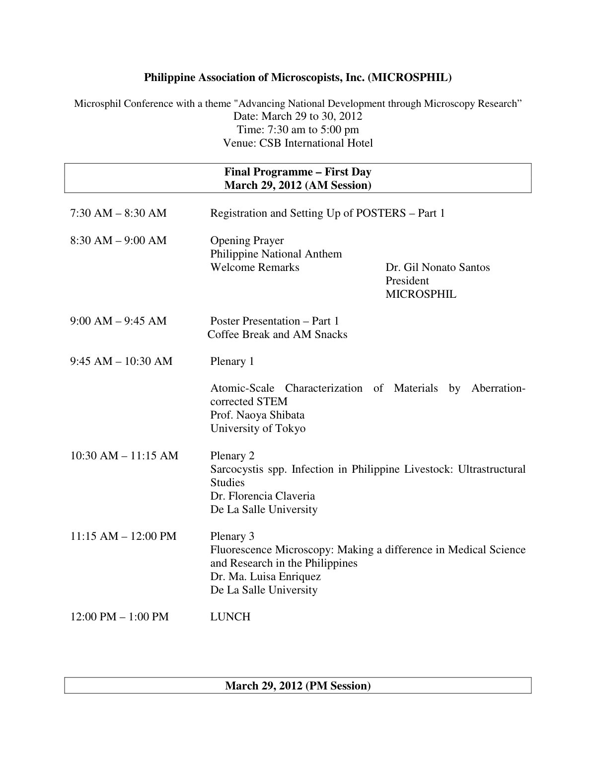 First page of Microsphil Conference with a theme "Advancing National Development through Microscopy Research