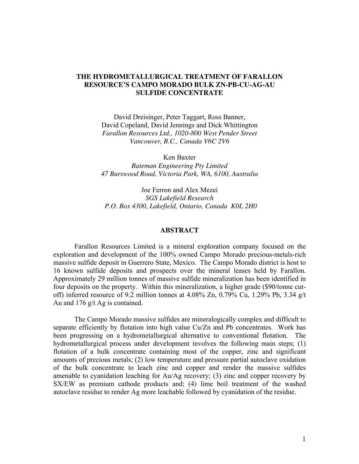 First page of The hydrometallurgical treatment of Farallon Resource’s Campo Morado bulk Zn-Pb-Cu-Ag-Au sulfide concentrate