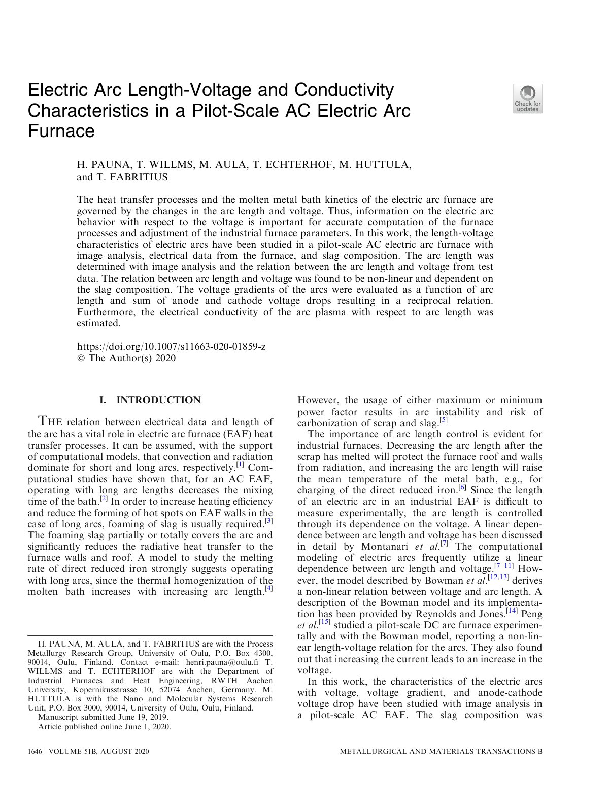 First page of Electric Arc Length-Voltage and Conductivity Characteristics in a Pilot-Scale AC Electric Arc Furnace