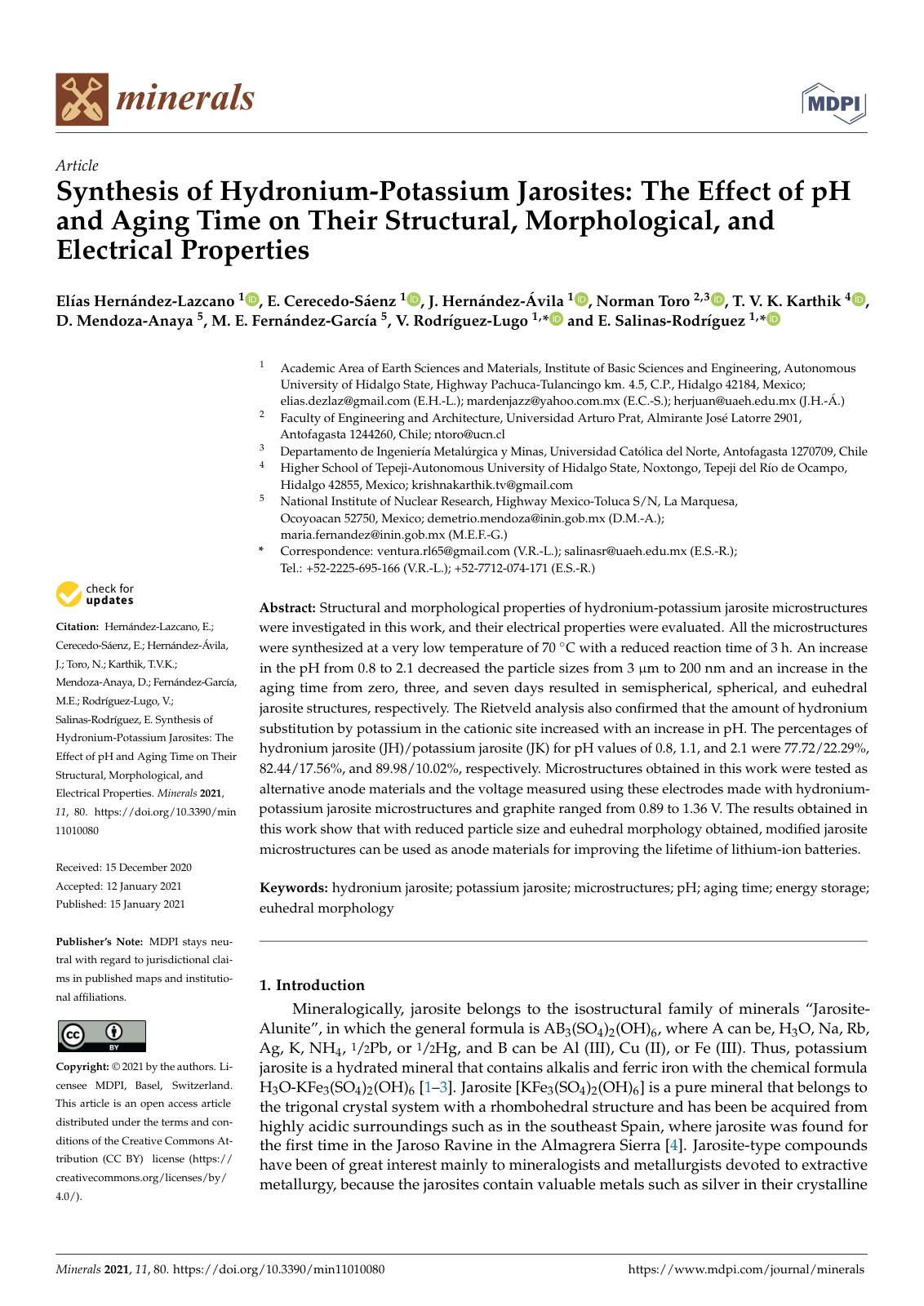 First page of Synthesis of Hydronium-Potassium Jarosites: The Effect of pH and Aging Time on Their Structural, Morphological, and Electrical Properties