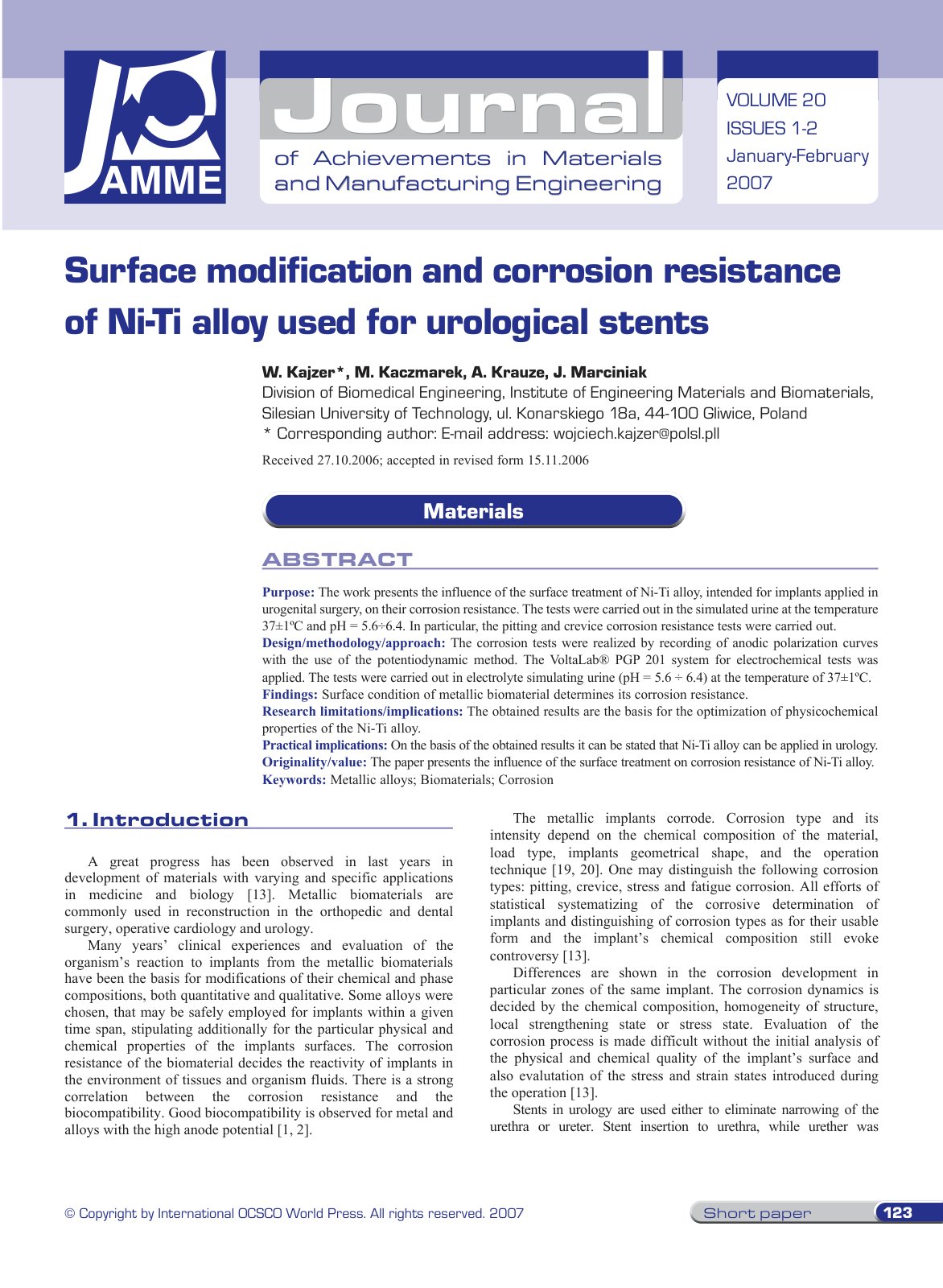 First page of Surface modification and corrosion resistance of Ni-Ti alloy us