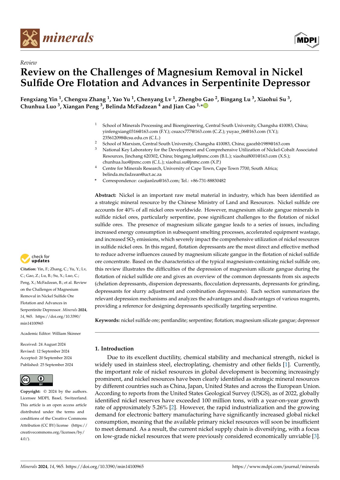 First page of Review on the Challenges of Magnesium Removal in Nickel Sulfide Ore Flotation and Advances in Serpentinite Depressor