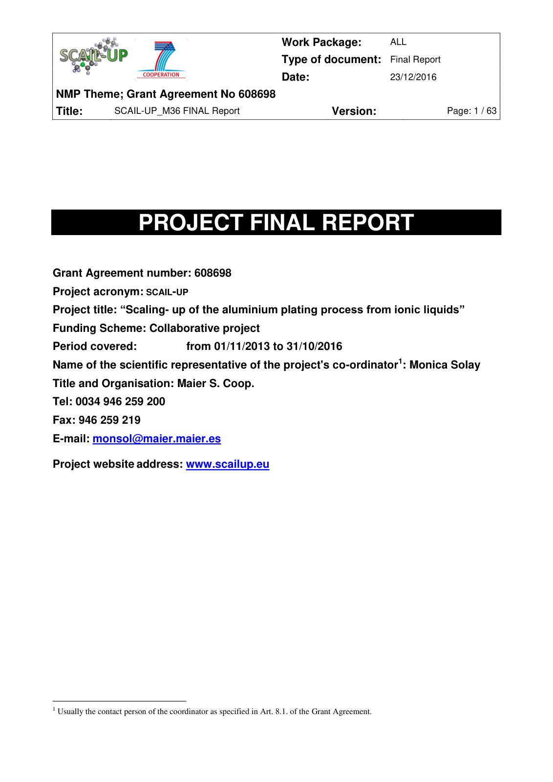 First page of Scaling-Up of the Aluminium Plating Process from Ionic Liquids: Project Final Report