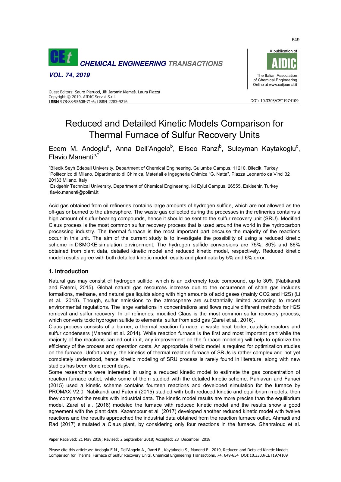 First page of Reduced and Detailed Kinetic Models Comparison for Thermal Furnace of Sulfur Recovery Units