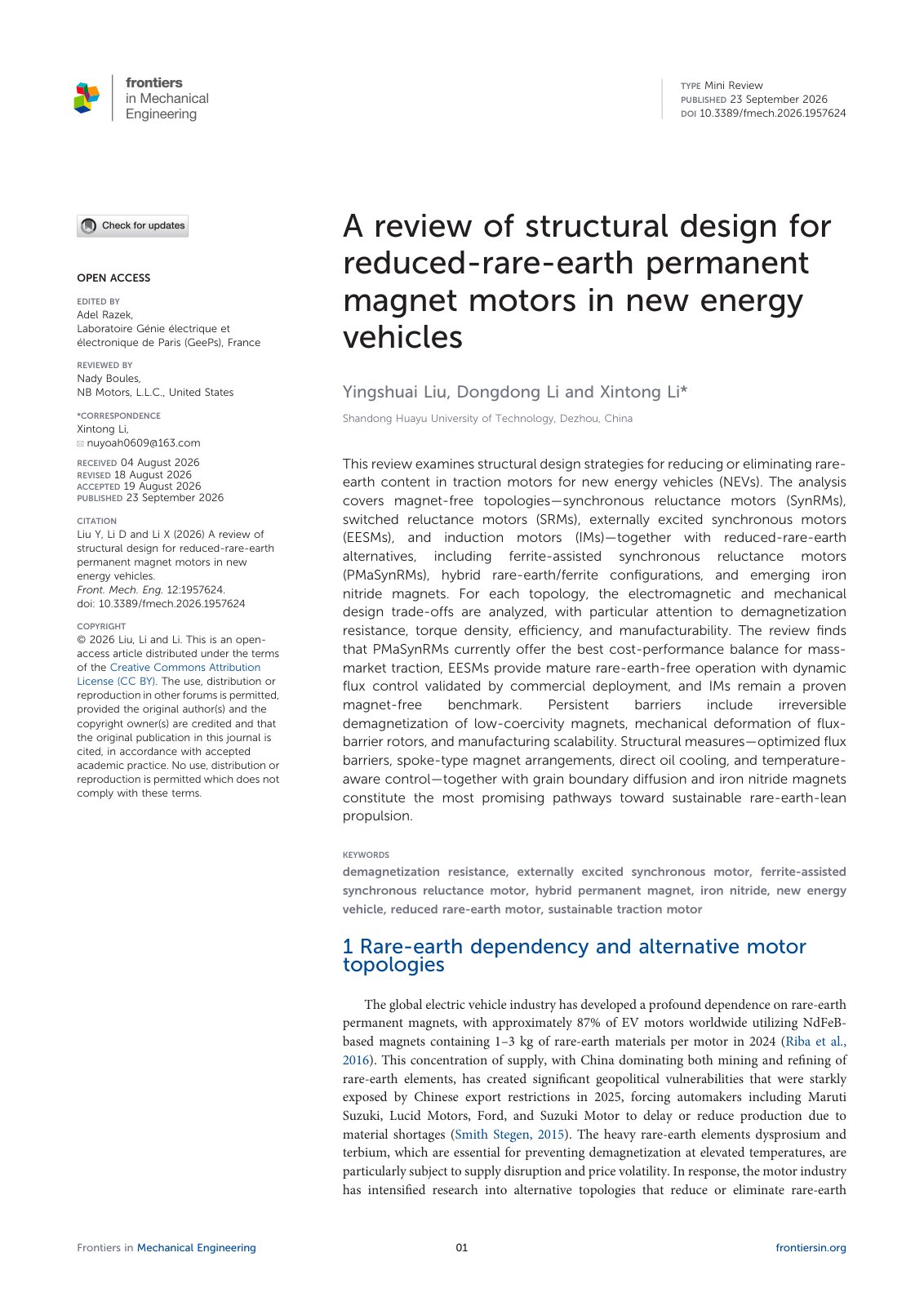 First page of A review of structural design for reduced-rare-earth permanent magnet motors in new energy vehicles