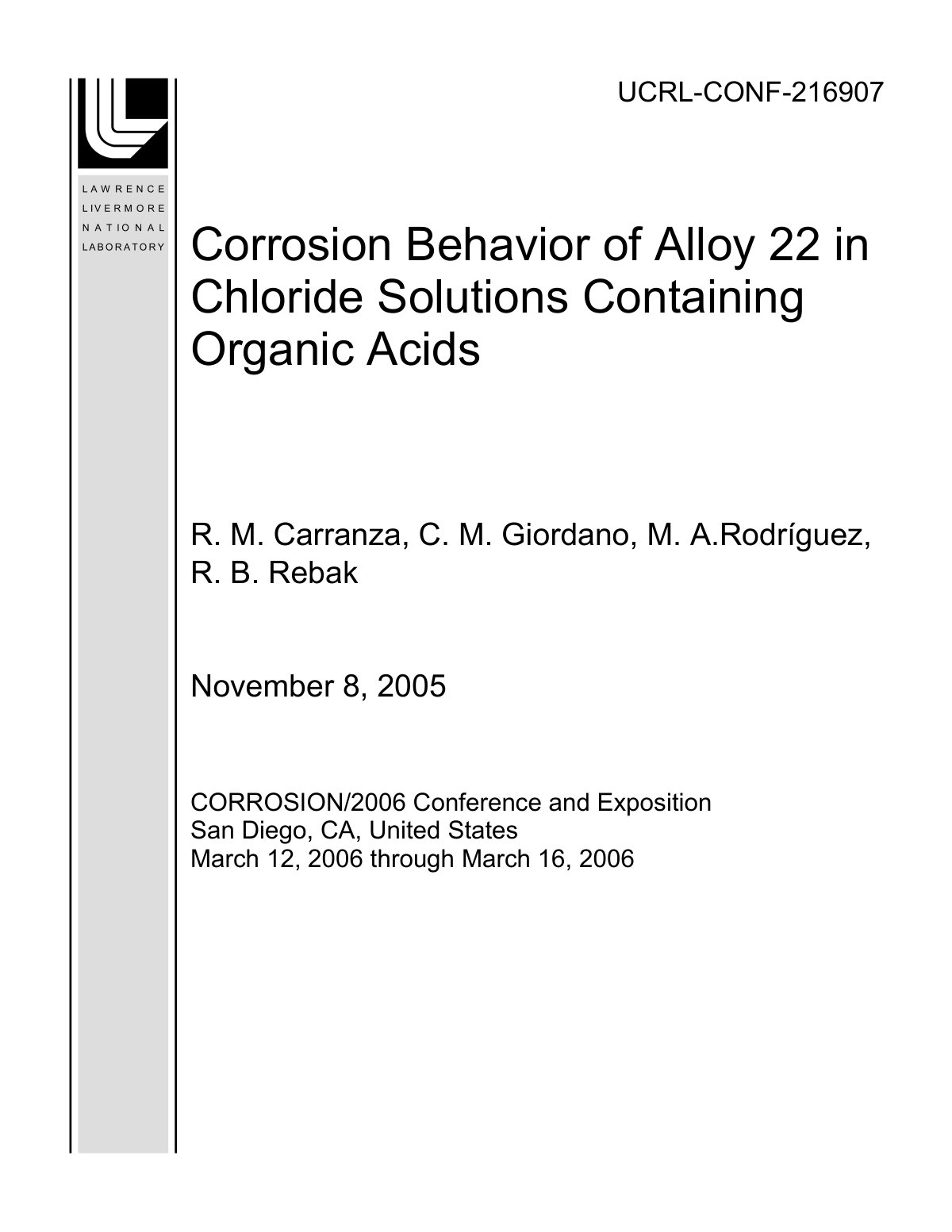 First page of Corrosion Behavior of Alloy 22 in Chlori