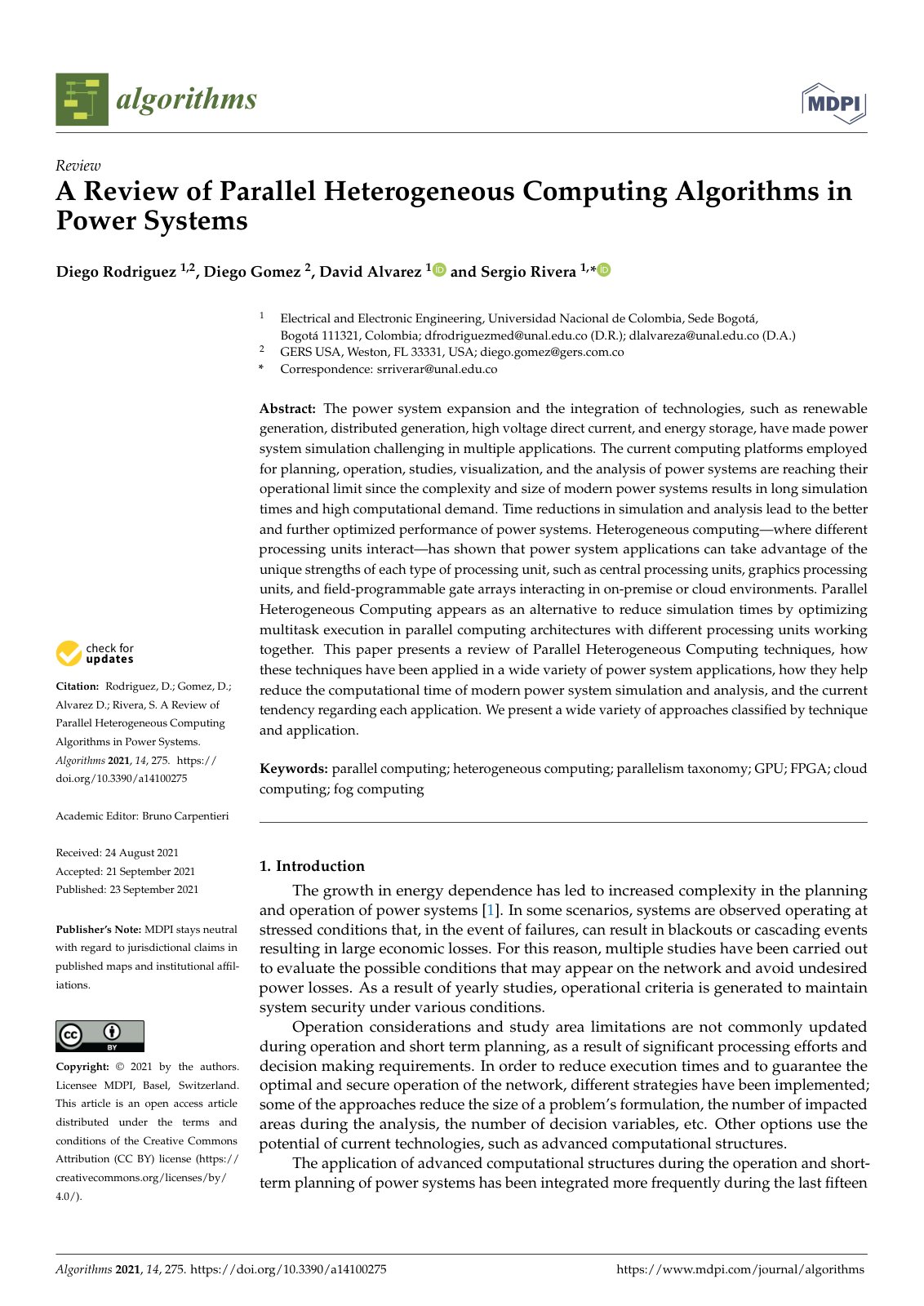 First page of A Review of Parallel Heterogeneous Computing Algorithms in Power Systems