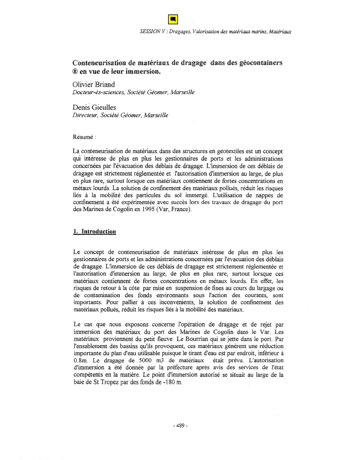 First page of Conteneurisation de matériaux de dragage dans des géocontainers en vue de leur immersion