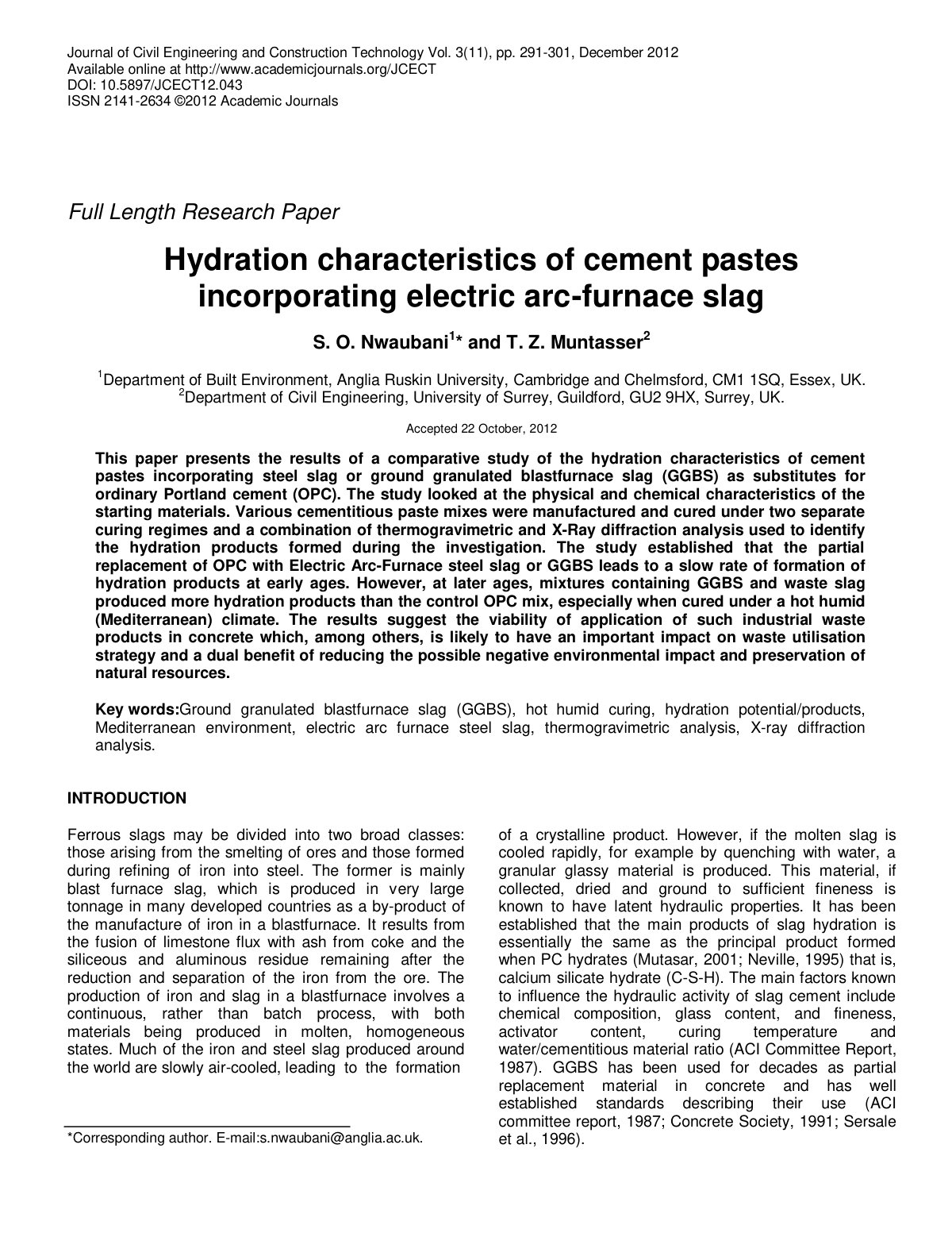 First page of Hydration characteristics of cement pastes incorporating electric arc-furnace slag