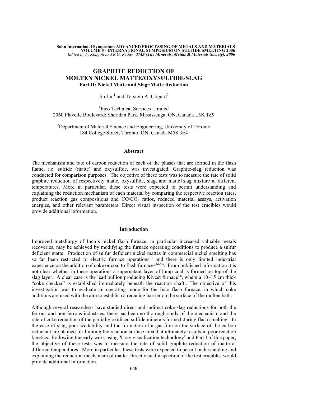 First page of GRAPHITE REDUCTION OF MOLTEN NICKEL MATTE/OXYSULFIDE/SLAG Part II: Nickel Matte and Slag+Matte Reduction