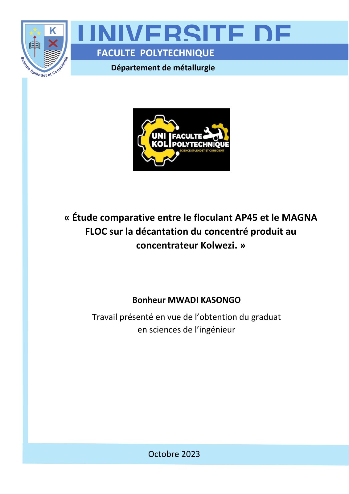 First page of Étude comparative entre le floculant AP45 et le MAGNA FLOC sur la décantation du concentré produit au concentrateur Kolwezi
