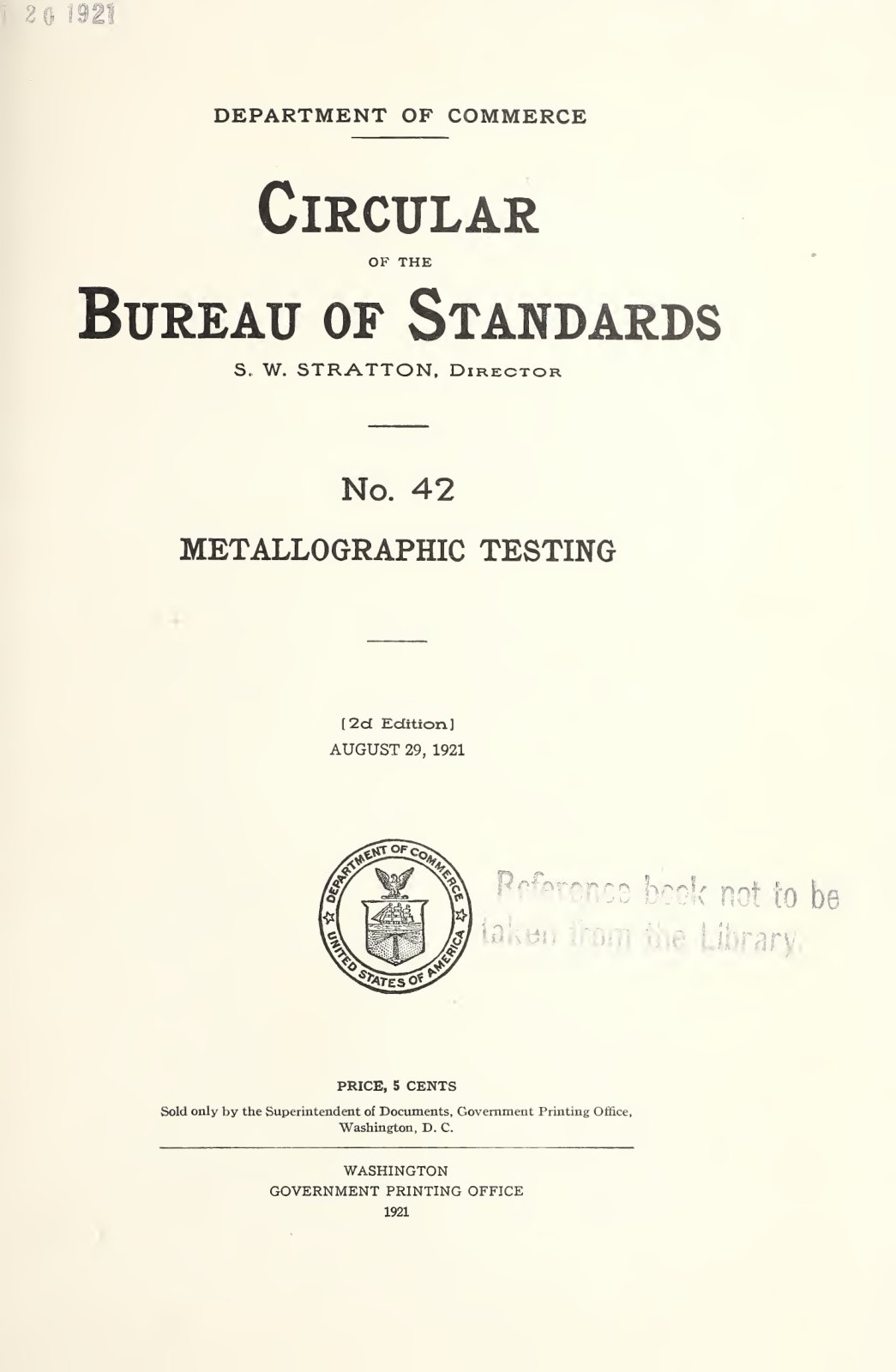 First page of Circular of the Bureau of Standards no. 42 2nd edition: metallographic testing