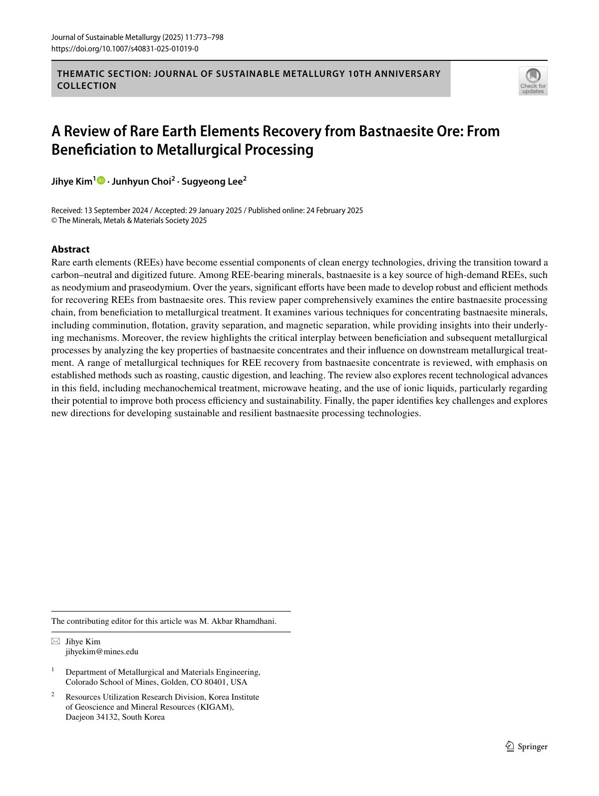 First page of A Review of Rare Earth Elements Recovery from Bastnaesite Ore: From Beneficiation to Metallurgical Processing