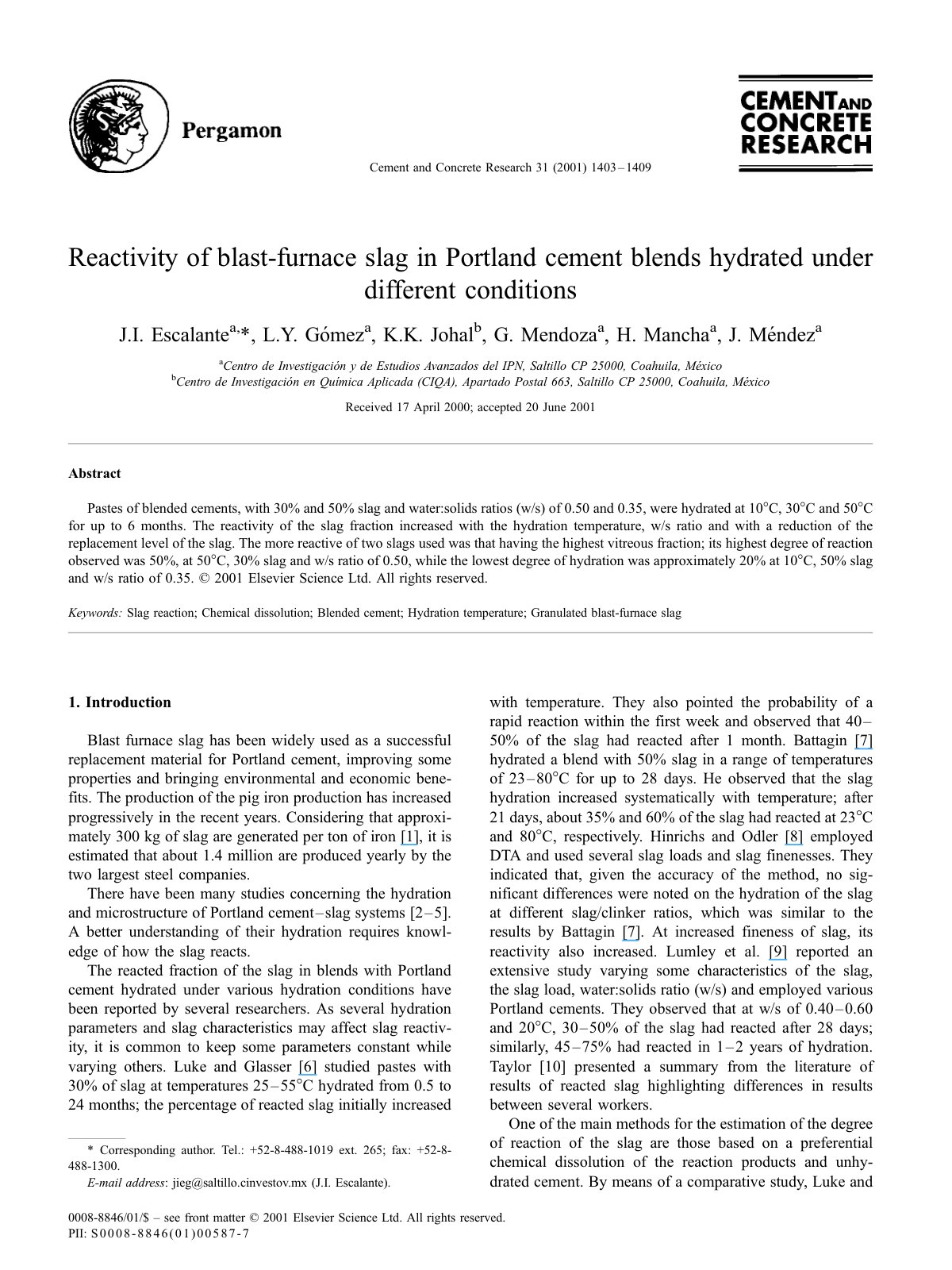 First page of Reactivity of blast-furnace slag in Portland cement blends hydrated under different conditions