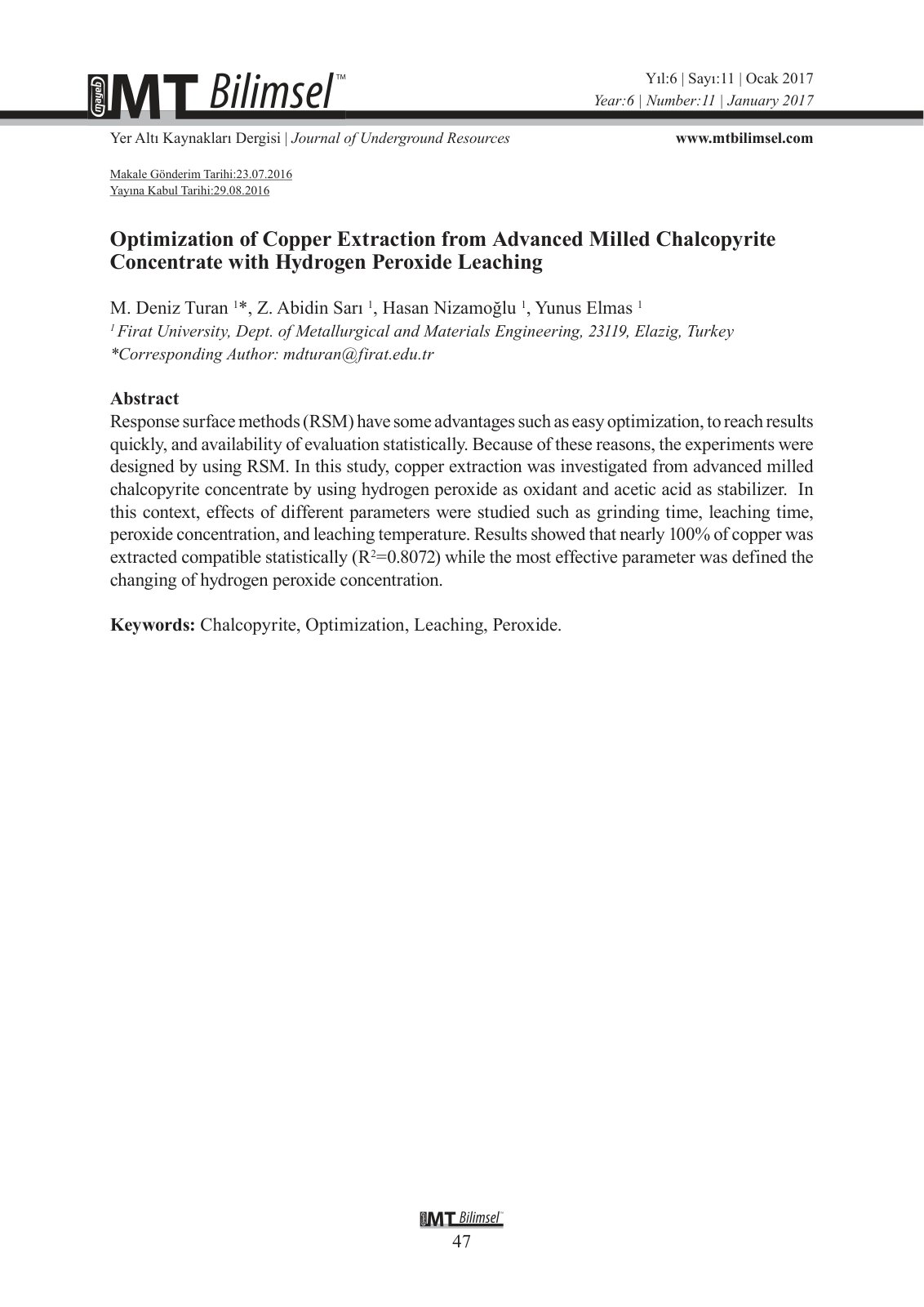 First page of Optimization of Copper Extraction from Advanced Milled Chalcopyrite Concentrate with Hydrogen Peroxide Leaching