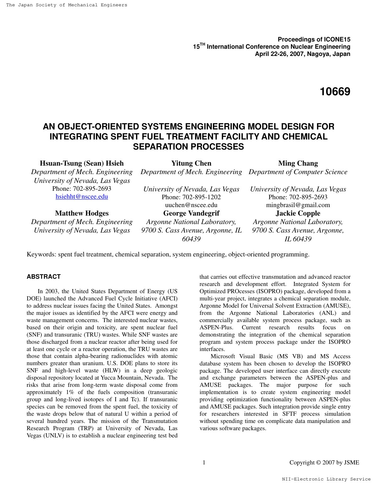 First page of AN OBJECT-ORIENTED SYSTEMS ENGINEERING MODEL DESIGN FOR INTEGRATING SPENT FUEL TREATMENT FACILITY AND CHEMICAL SEPARATION PROCESSES
