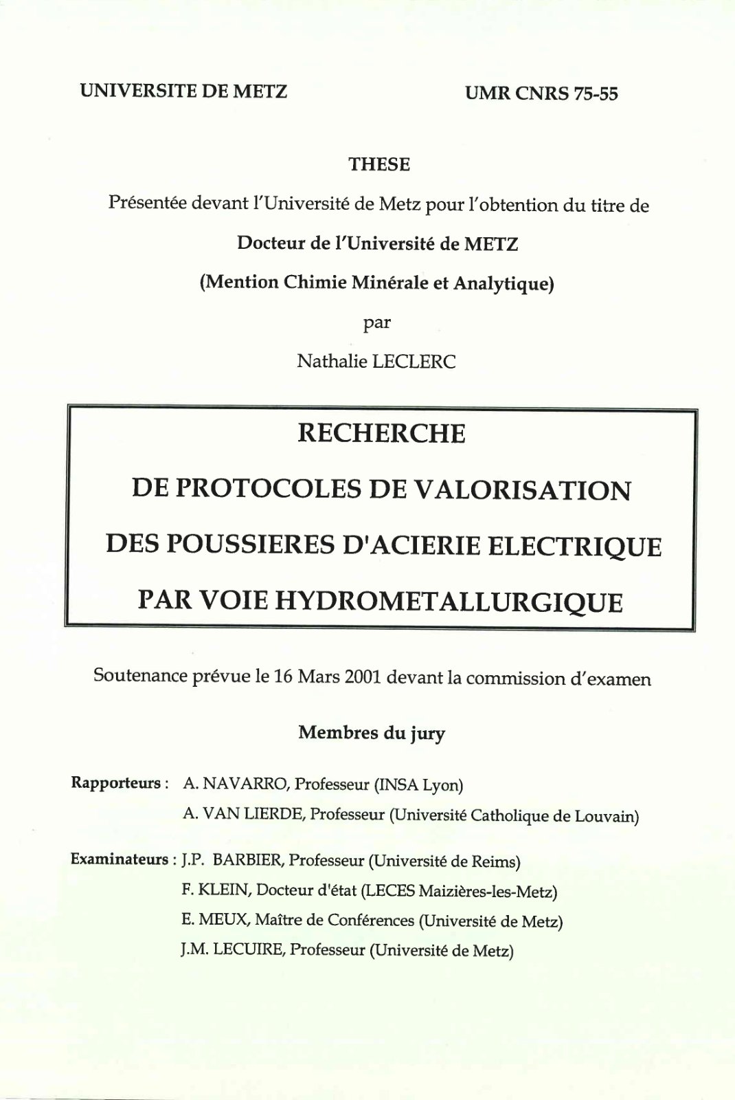 First page of Recherche de protocoles de valorisation des poussières d'acierie électrique par voie hydrométallurgique