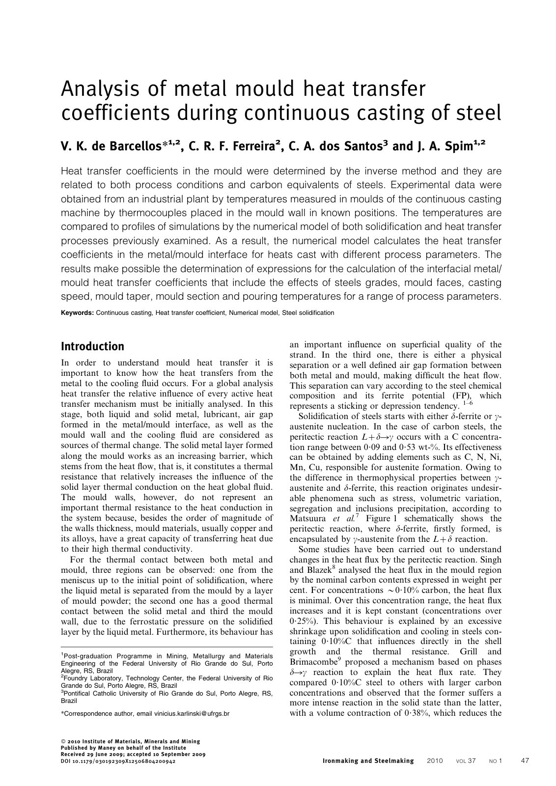 First page of Analysis of metal mould heat transfer coefficients during continuous casting of steel