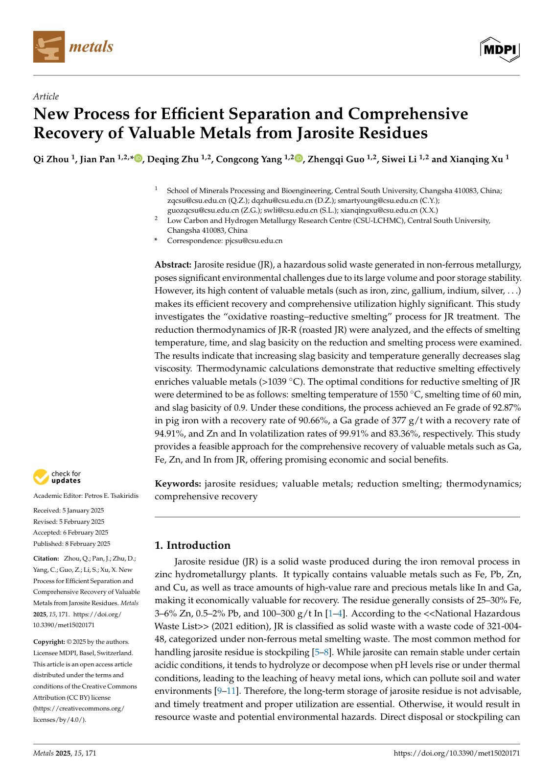 First page of New Process for Efficient Separation and Comprehensive Recovery of Valuable Metals from Jarosite Residues