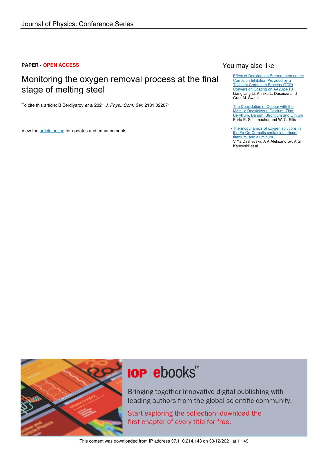 First page of Monitoring the oxygen removal process at the final stage of melting steel
