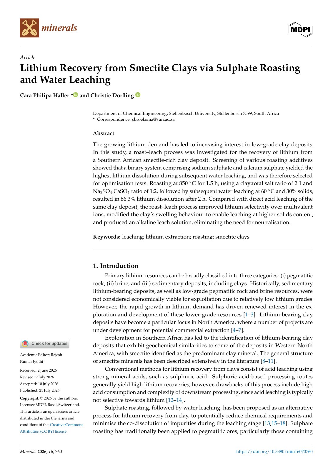 First page of 2026   Haller   Lithium recovery from smectite clays