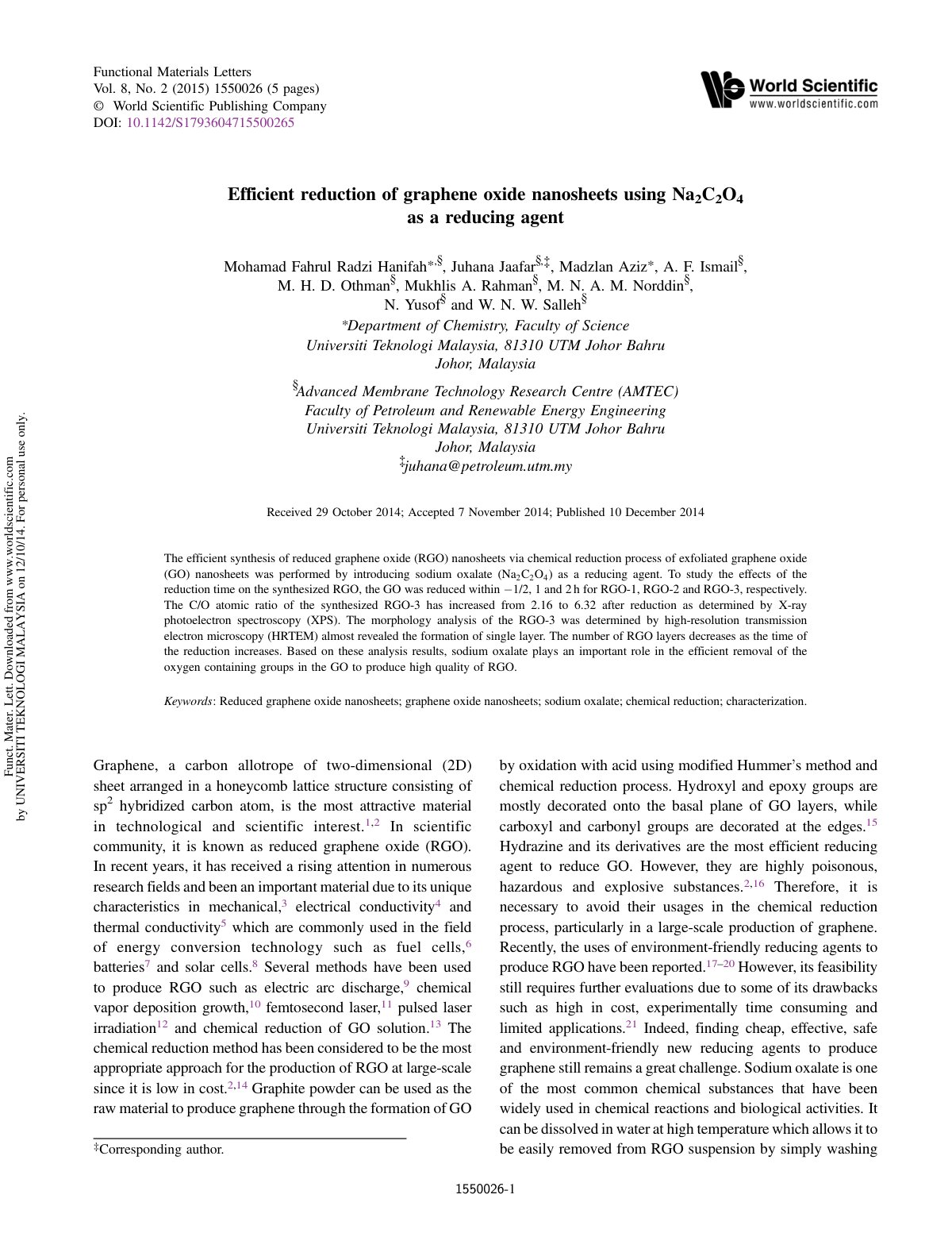 First page of Efficient reduction of graphene oxide na