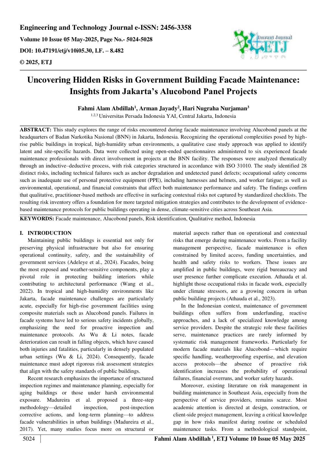 First page of Uncovering Hidden Risks in Government Building Facade Maintenance:  Insights from Jakarta’s Alucobond Panel Projects  