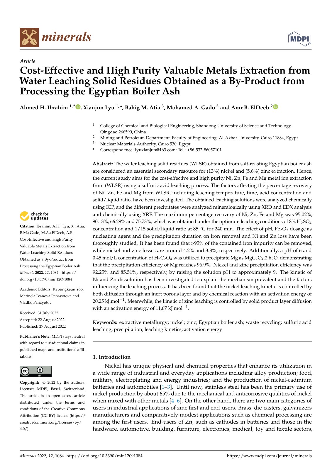 First page of Cost-Effective and High Purity Valuable Metals Extraction from Water Leaching Solid Residues Obtained as a By-Product from Processing the Egyptian Boiler Ash