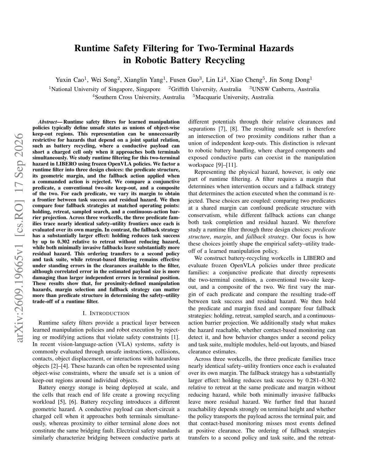 First page of Runtime Safety Filtering for Two-Terminal Hazards in Robotic Battery Recycling
