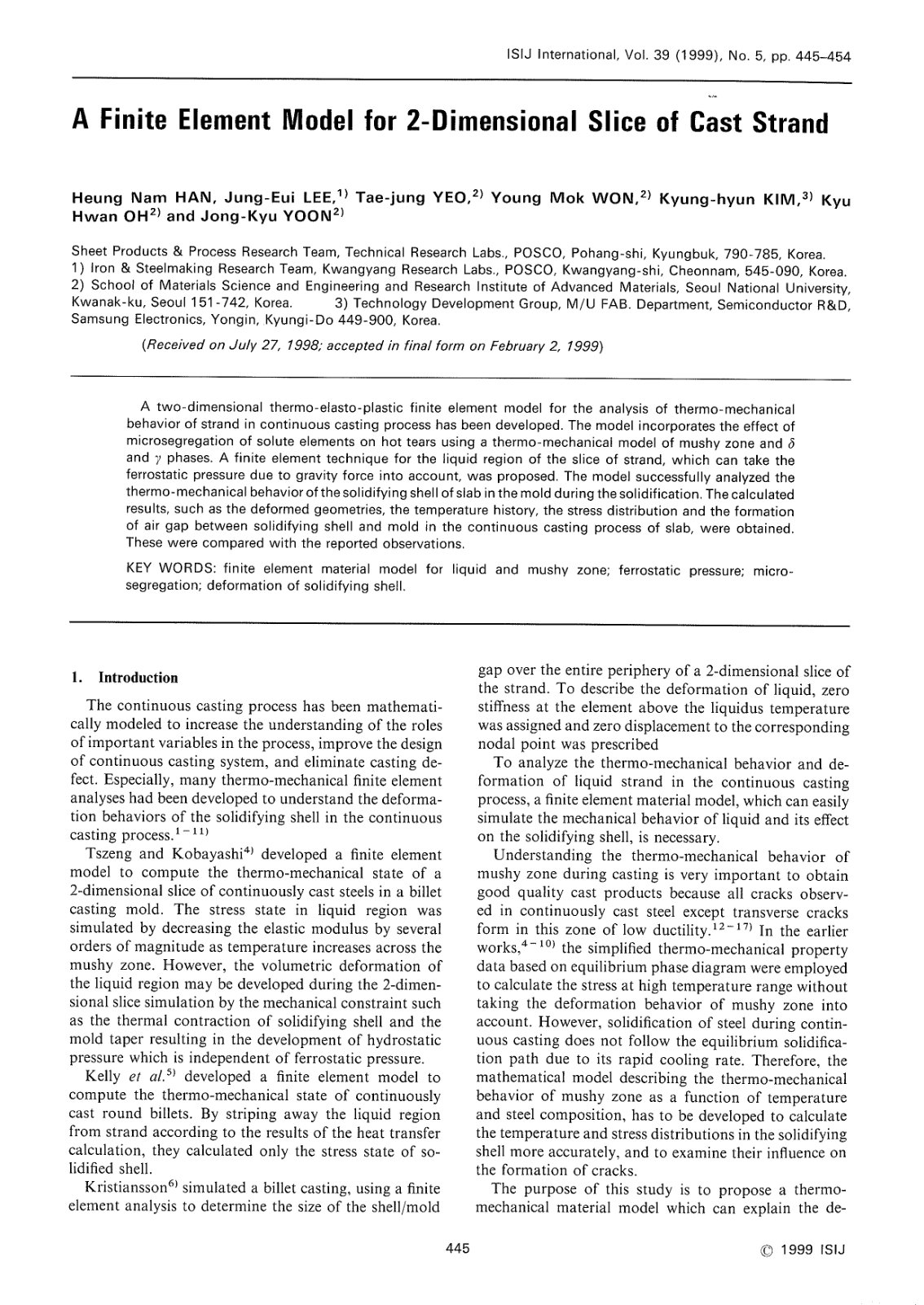 First page of AFinite Element Model for 2-Dimensional Slice of Cast Strand