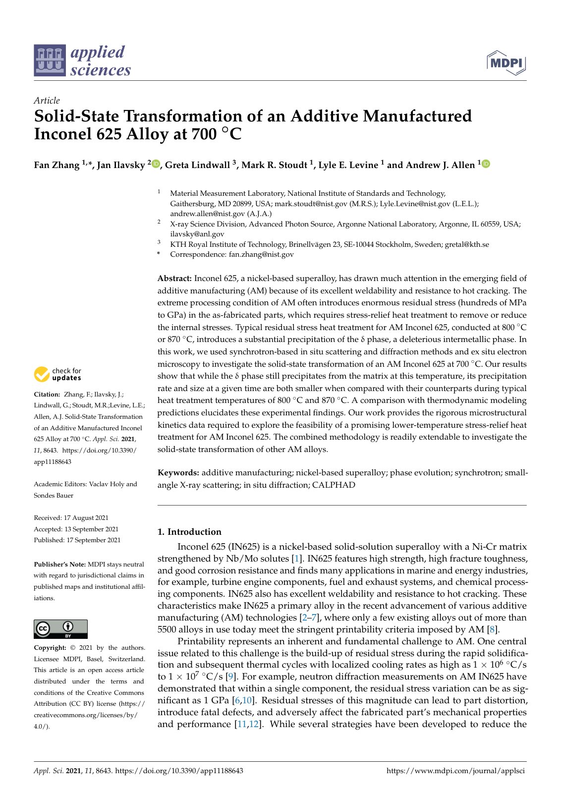 First page of Solid-State Transformation of an Additive Manufactured Inconel 625 Alloy at 700 ◦C